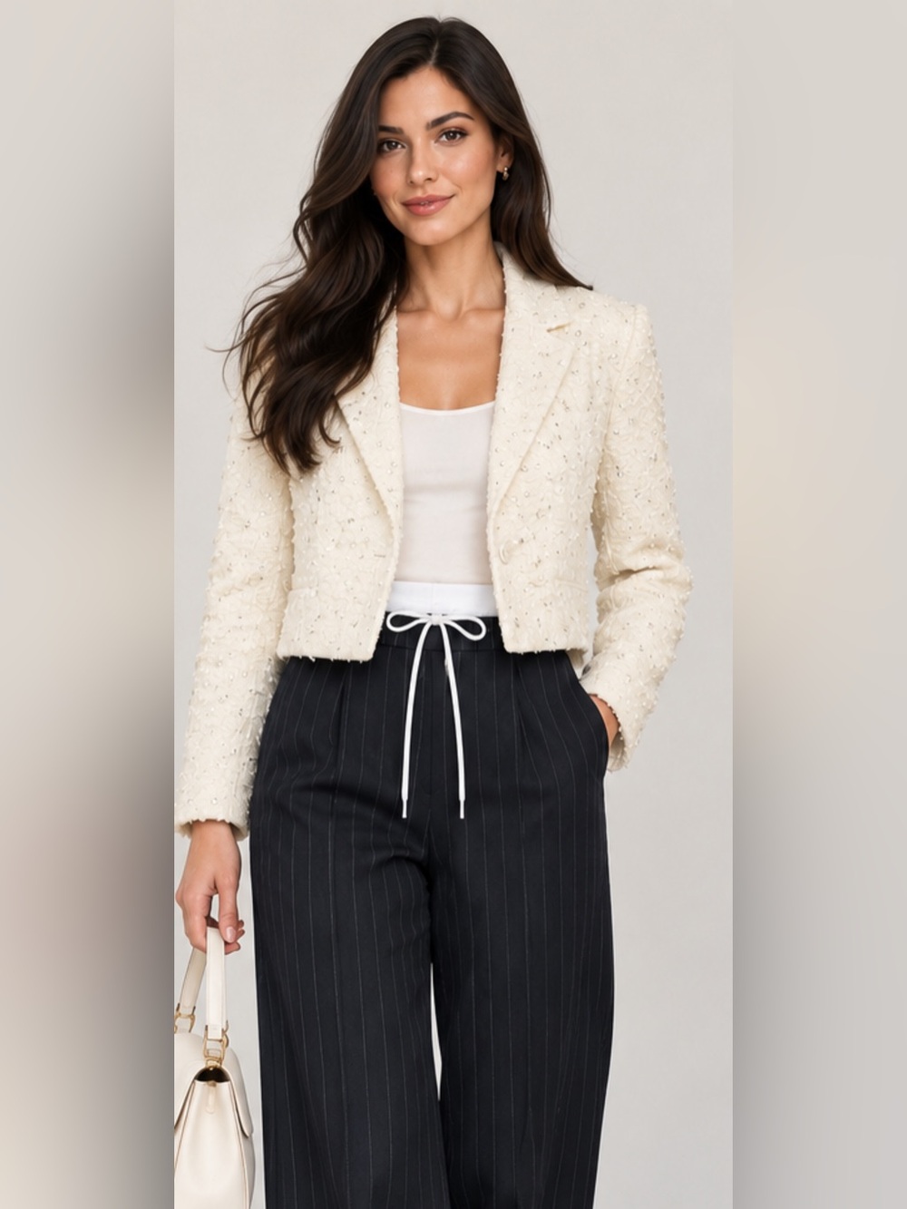 Zara NWT Ivory Sequin Embellished Textured Cropped Blazer